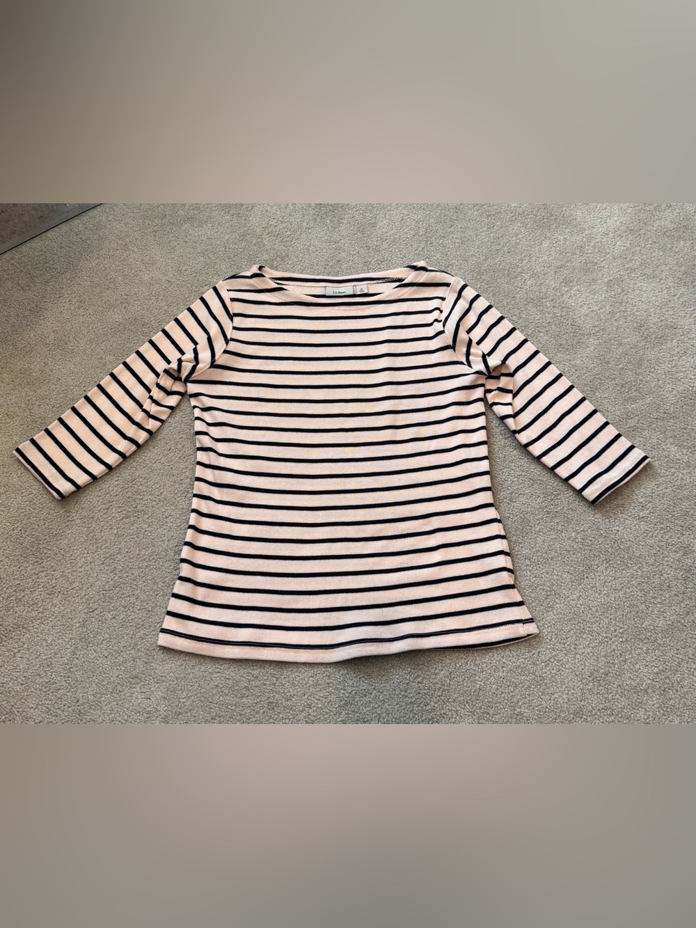 LL Bean Cotton Boatneck Cotton Top in Light Pink and Navy Stripes - Picture 2 of 7